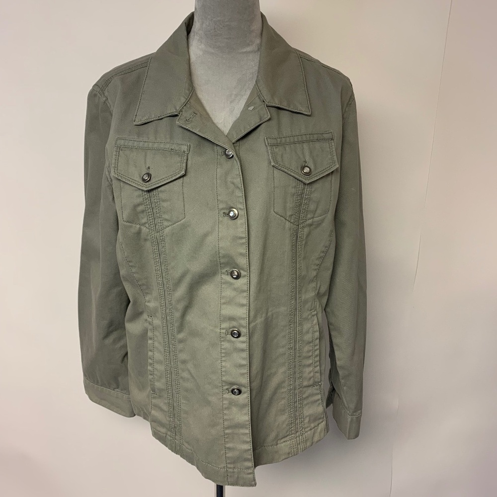 Chico’s Jacket Military Vibe Sequins Versatile Olive Green Women’s SZ 2(12L)